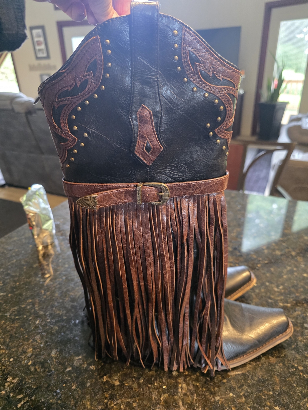 Fringed Western Leather Cowboy Boots - Black and Brown